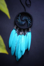 Load image into Gallery viewer, small black blue dream chatcher with spiral weave
