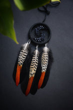 Load image into Gallery viewer, small black red dream catcher with pheasant feathers
