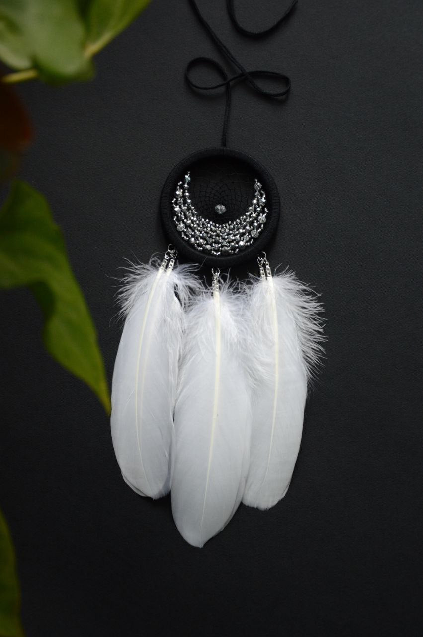 small black white dream catcher with glass beads