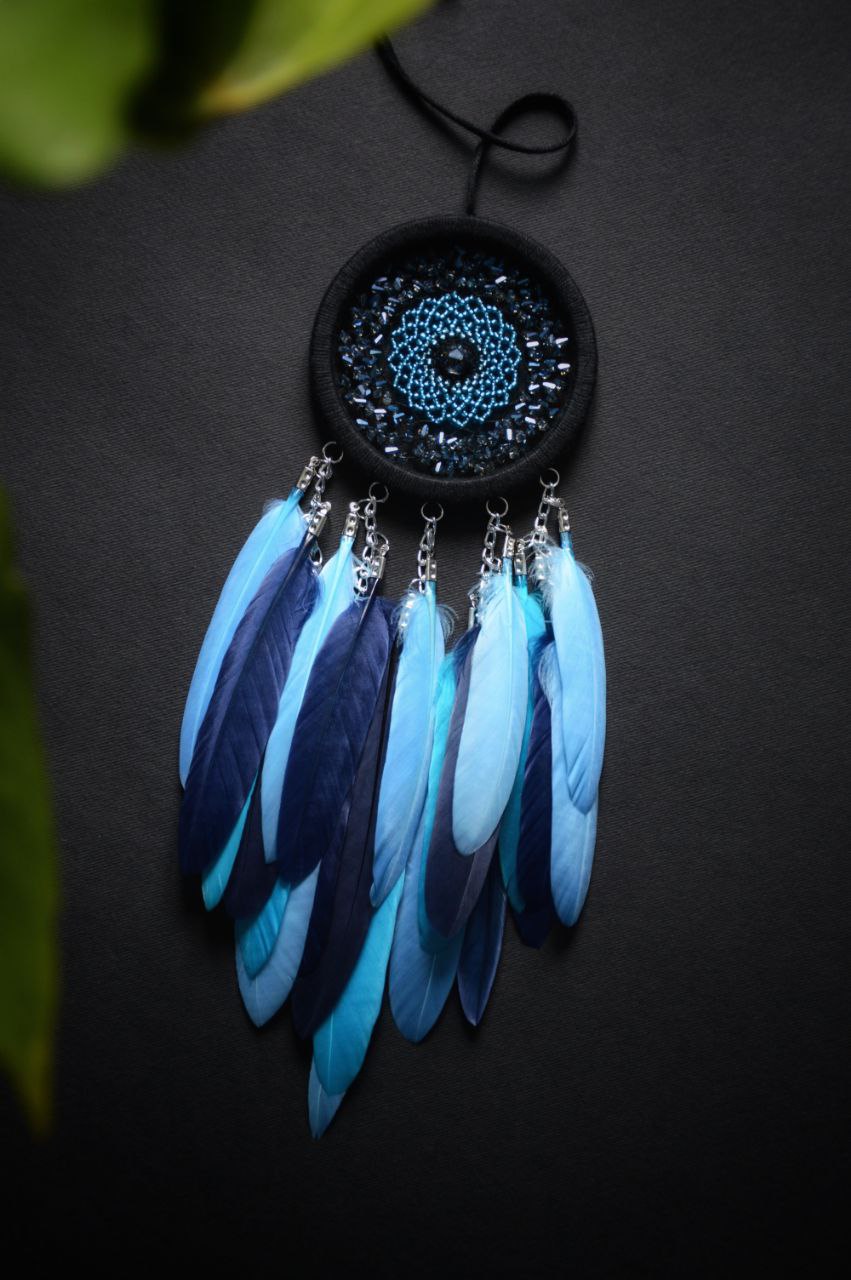 small blue black dream catcher with glass beads