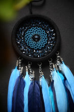 Load image into Gallery viewer, small blue black dream catcher with glass beads
