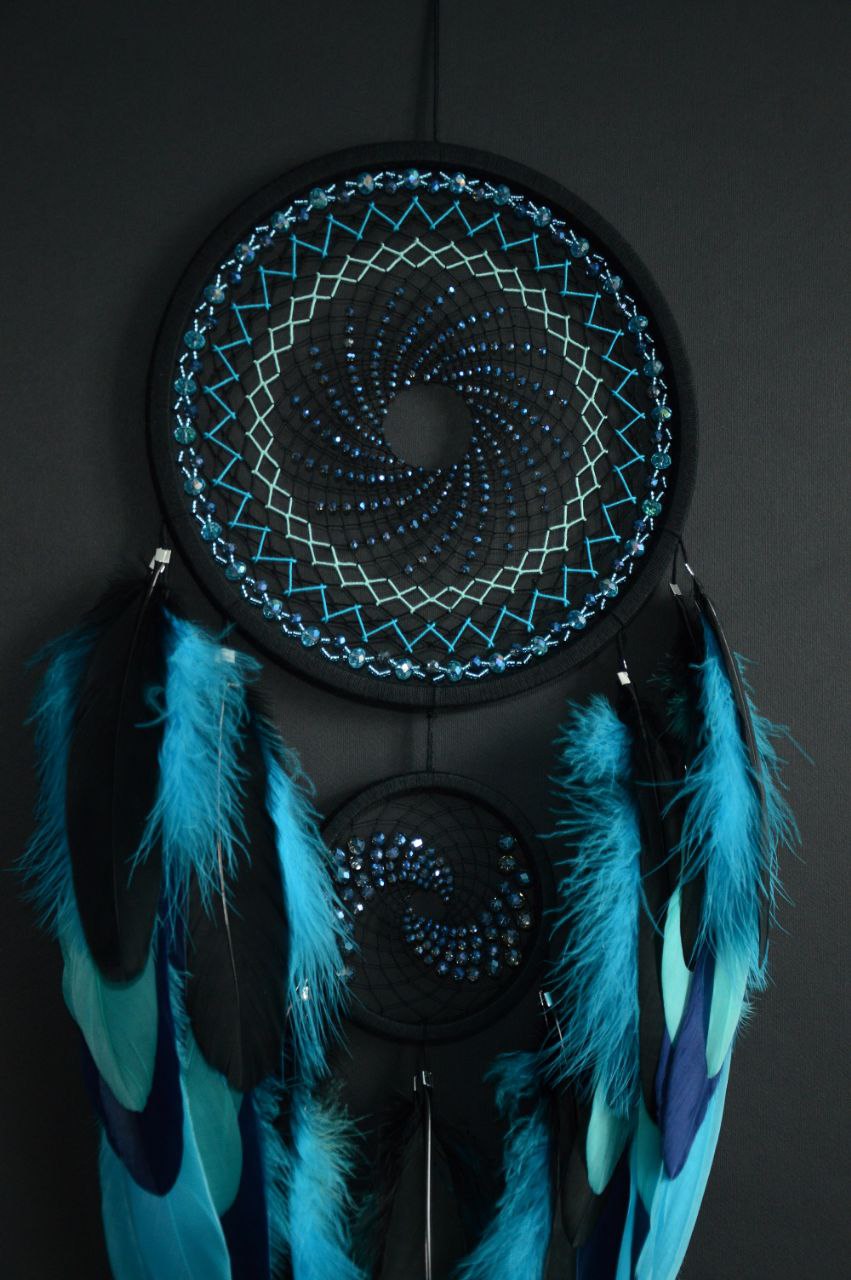Handmade Large Black Blue Dream Catcher with glass beads