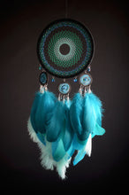 Load image into Gallery viewer, large black turquoise dream catcher with ostrich feathers
