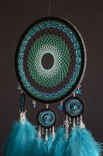 Load image into Gallery viewer, large black turquoise dream catcher with ostrich feathers
