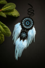Load image into Gallery viewer, Small black dreamcatcher with blue feathers
